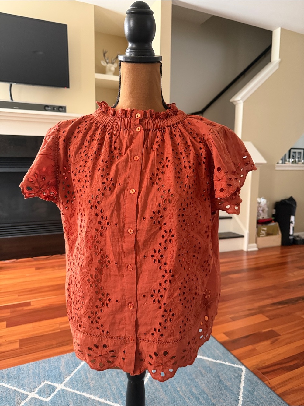 Rust Eyelet Short-Sleeve Button Front Blouse